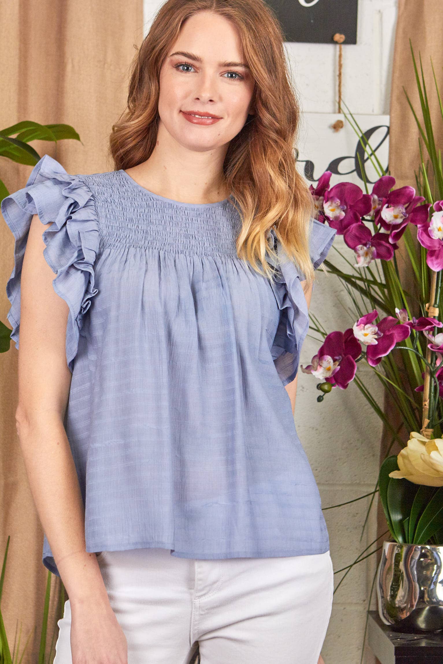 P.S Kate - Wholesale Blouse - Women's - Solid woven smocking top PLUS (P17912-PLUS)0