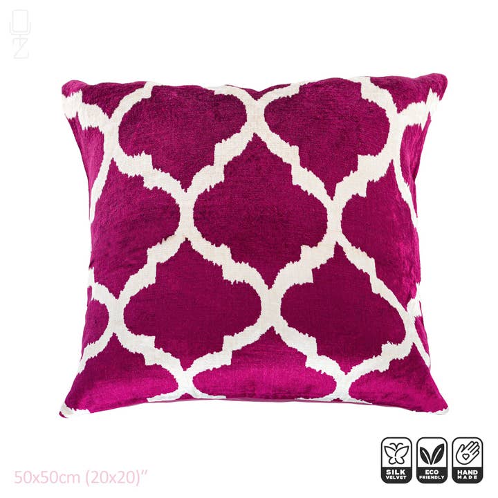 OyzShop - Vendita all'ingrosso Fodera cuscino decorativo - Fodera per cuscino tradizionale in velluto di seta Ikat 100% fucsia