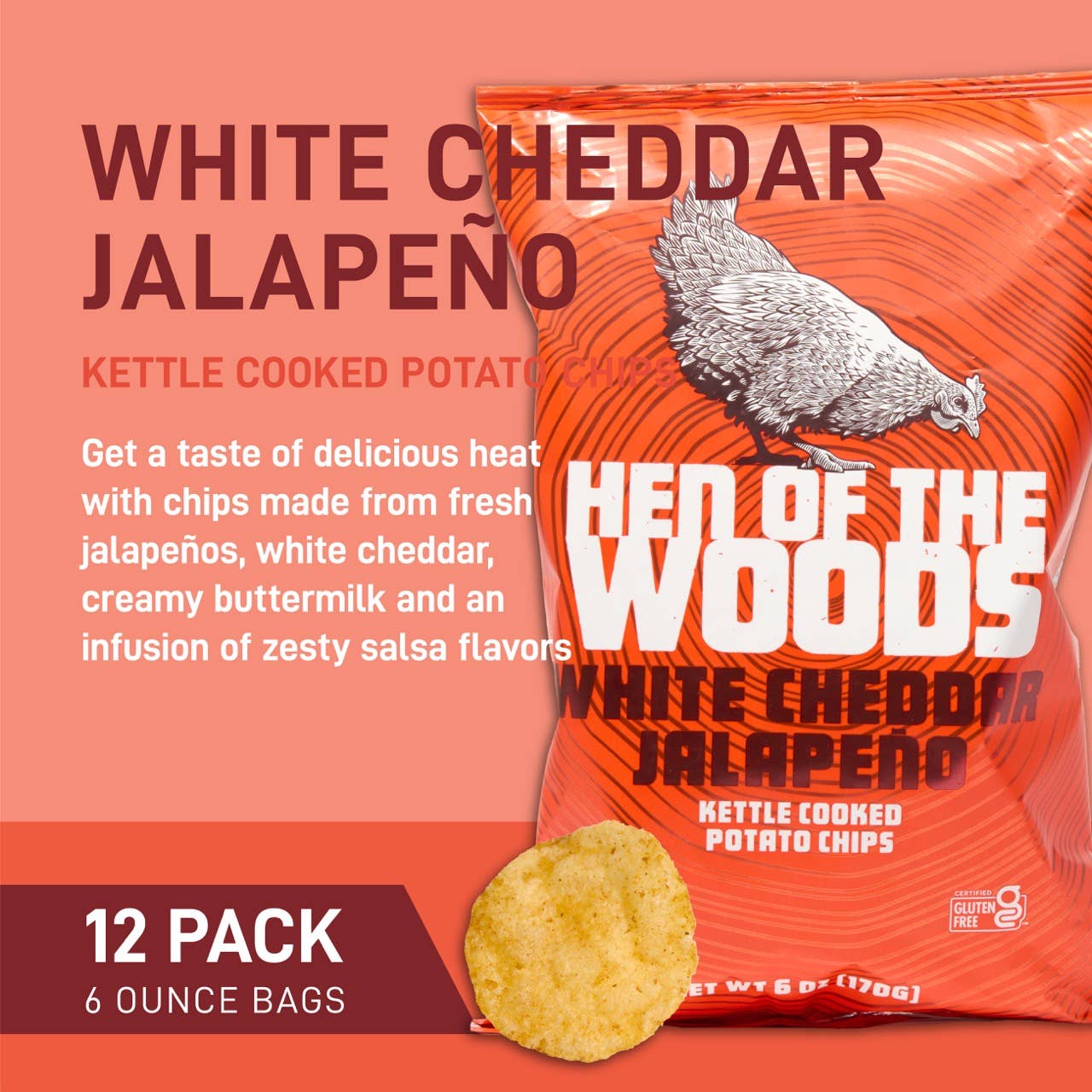 Hen of the Woods - Wholesale Chips - White Cheddar Jalapeño Kettle Cooked Potato Chips 6 OZ1