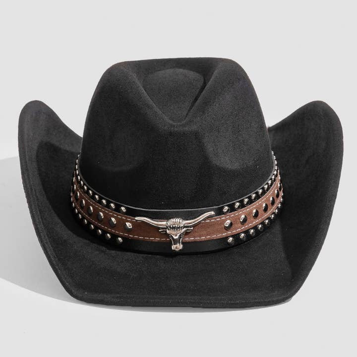 Collections by Fame Accessories - Wholesale Fedora - Women's - Layered Western Bull Head Strap Cowboy Hat