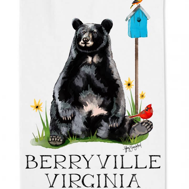 Birdhouse Bear Tea Towel - Custom Text for wholesale by Sweetgum Studio