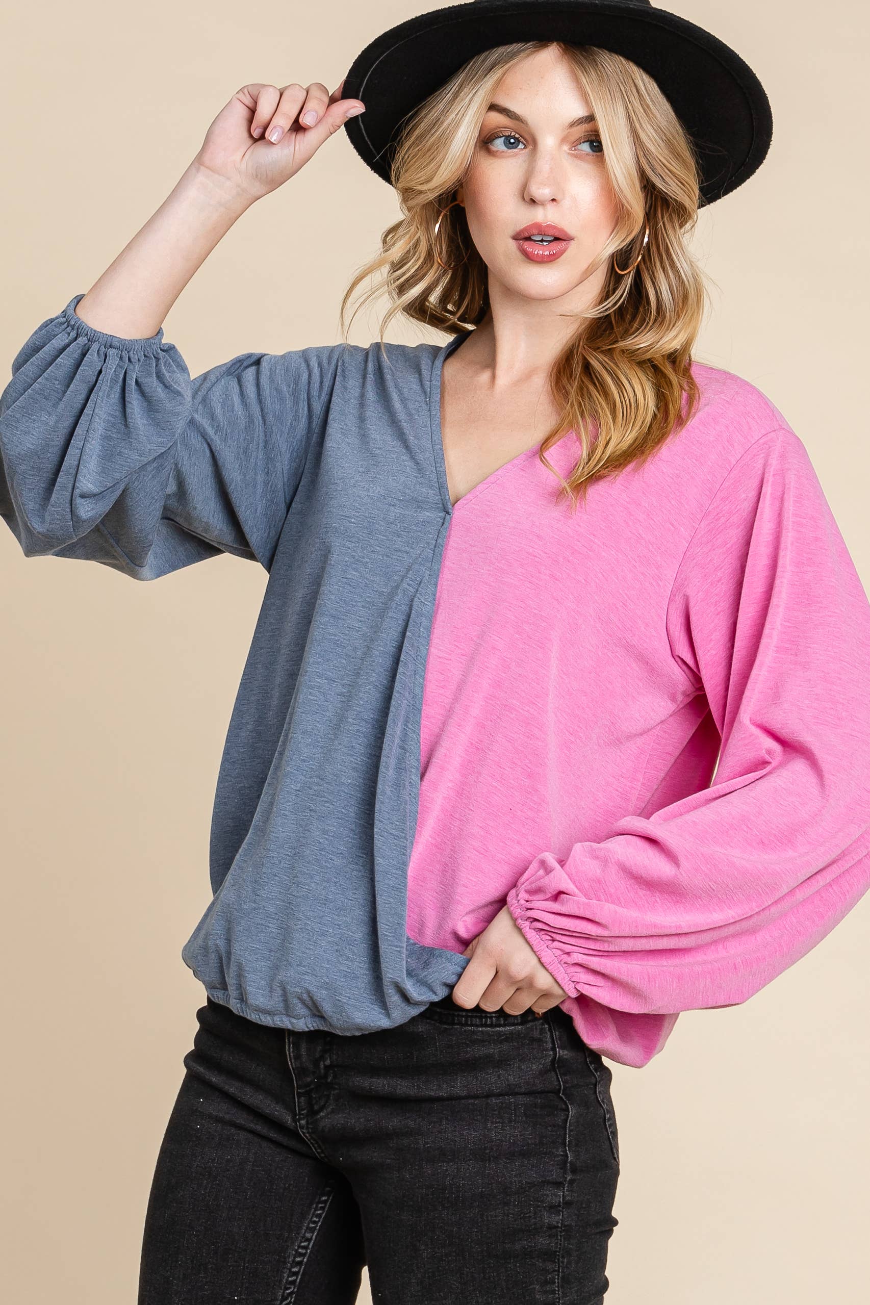 Emerald Collection - Vendita all'ingrosso Top in maglia - Donna - ETK-8561-PL Top Surplice Color Block Plus Size0