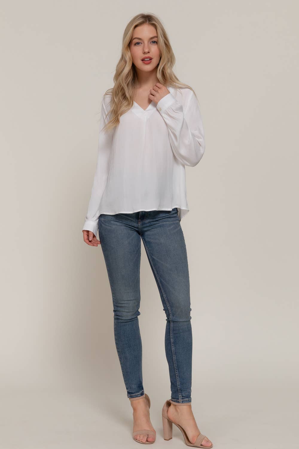 Active Basic | Active USA - Wholesale Blouse - Women's - Long Sleeve V-Neck with Pleats Satin Blouse7