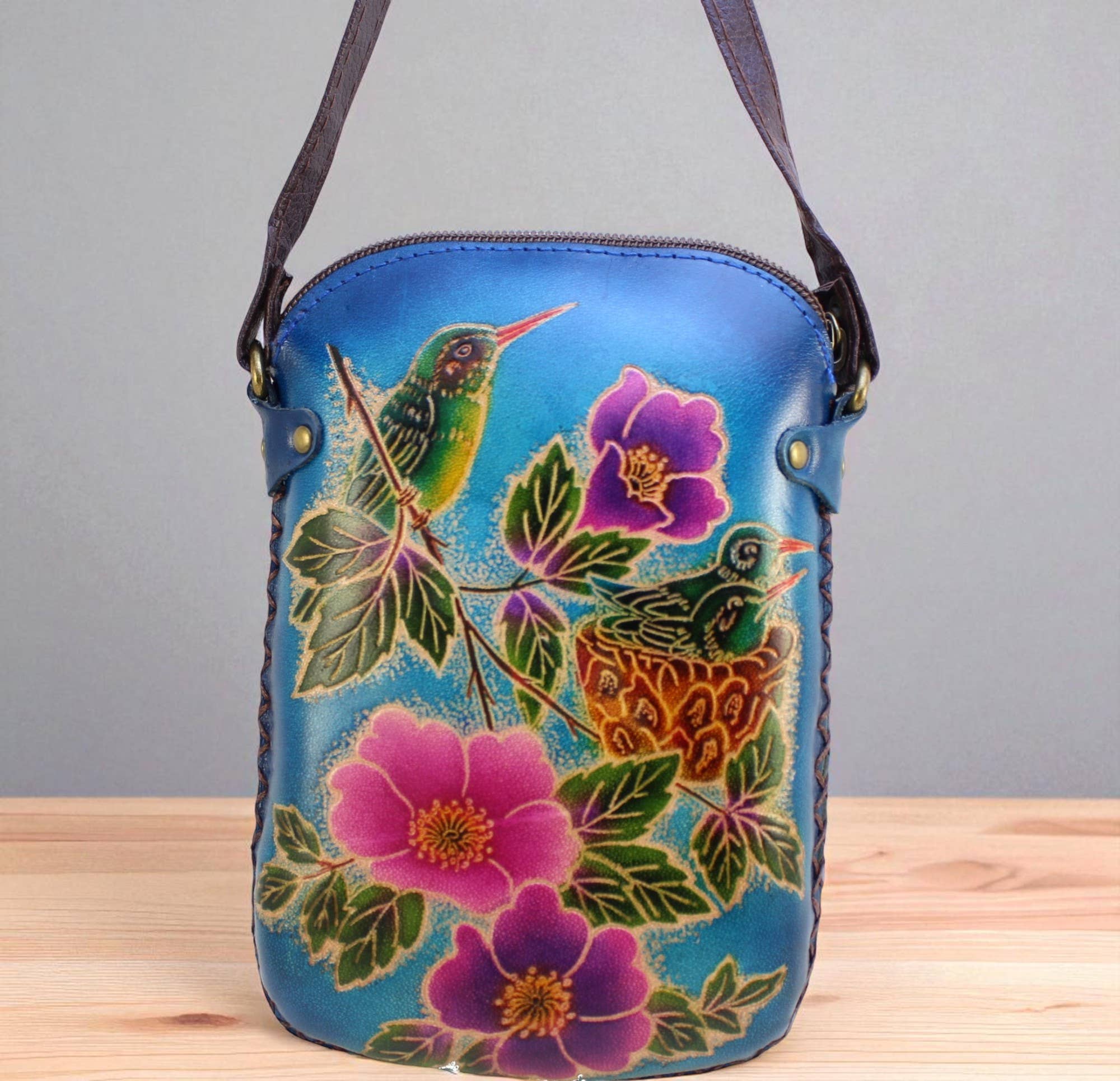Sunflower Handmade leather inc – wholesale Crossbody bag – Women's – leather Hummingbird Pouch purse handbag crossbody-blue3
