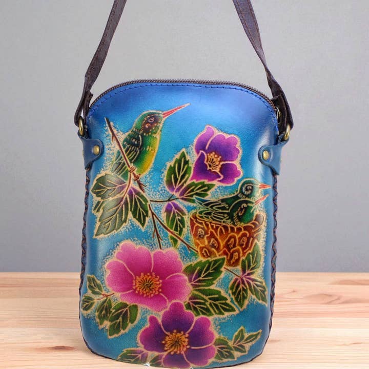 Sunflower Handmade leather inc – wholesale Crossbody bag – Women's – leather Hummingbird Pouch purse handbag crossbody-blue3