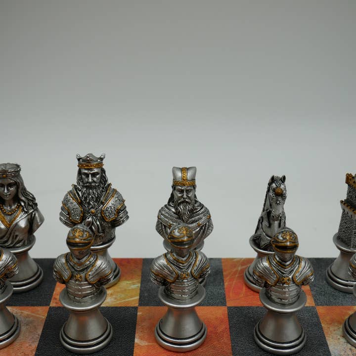 WorldWise Imports - Wholesale Board Game - Chess Set - Painted Resin Camelot Metal Bust on Fire & Dusky2
