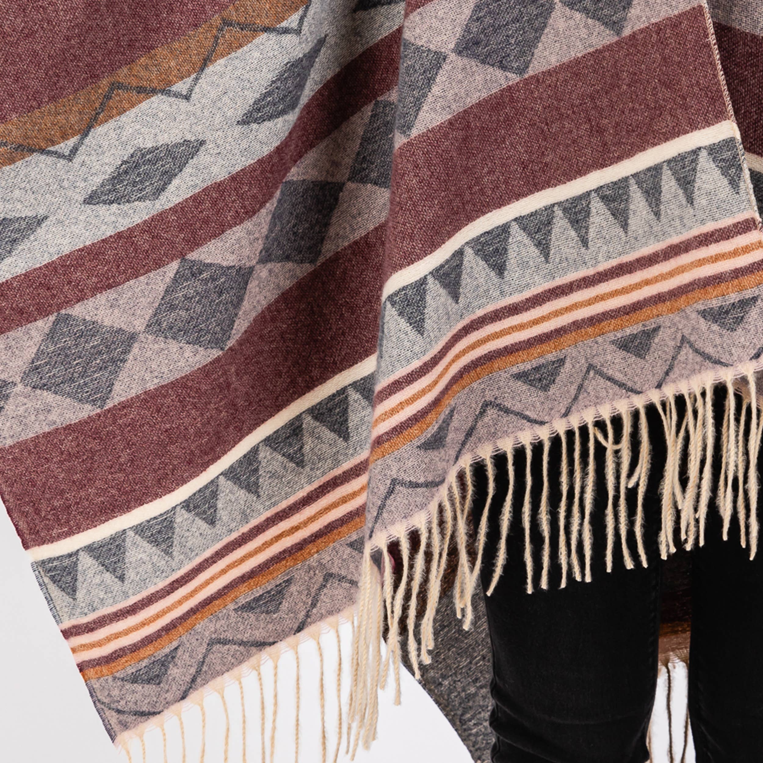 Hana – wholesale Kimono – Women's – Aztec Pattern with Fringe Ruana Winter Kimono11