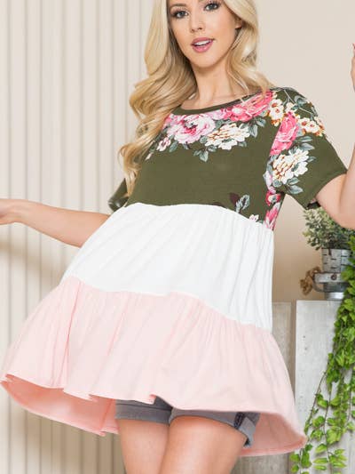 COLOR BLOCK SHORT SLEEVE TUNIC DRESS for wholesale by Burgundy Apparel