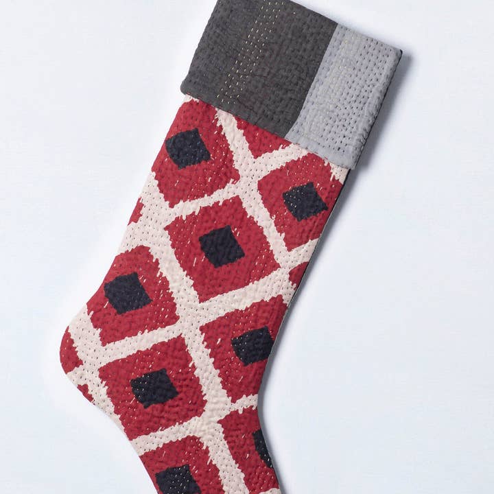 Monotone Ikat Handmade Vintage Kantha Stocking for wholesale by Maison Mieko