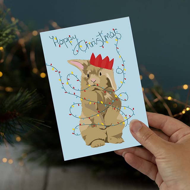 Chritmas rabbit greeting card with chritmas lights for wholesale by Lorna Syson