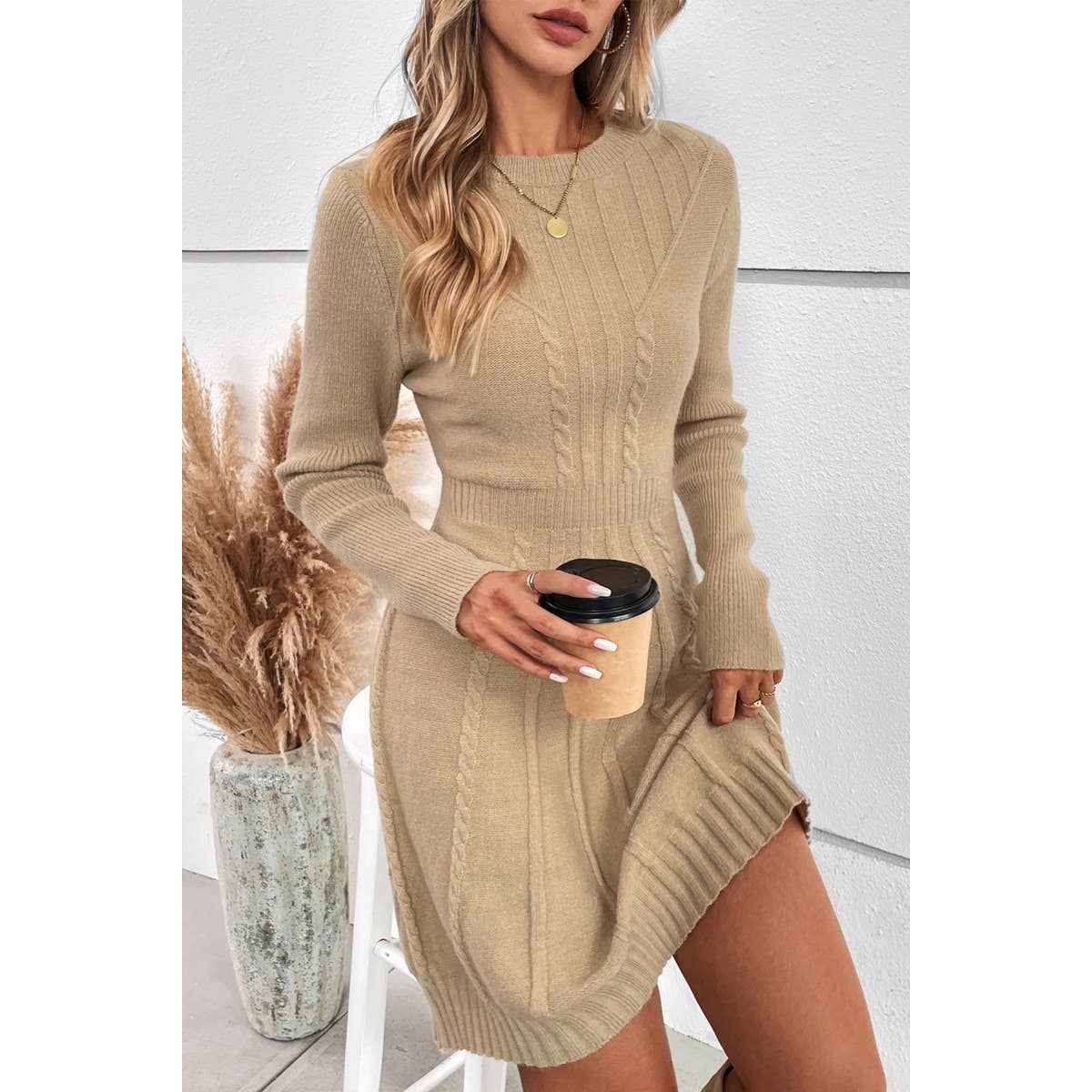 khaki Knit Cross Strip Self Fit Solid Sweater Dress for wholesale on Faire2