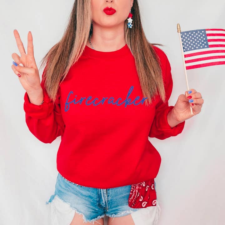 Firecracker Script Sweatshirt USA 4th Of July America for wholesale by Gia Gifts Boutique