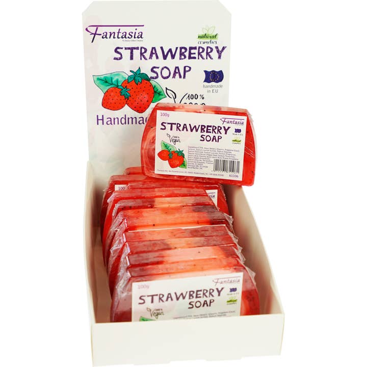 Display mit 12 x STRAWBERRY Soap 10 x 6,7 cm 100 gr für den Großhandel von Fantasia R. Espig KG