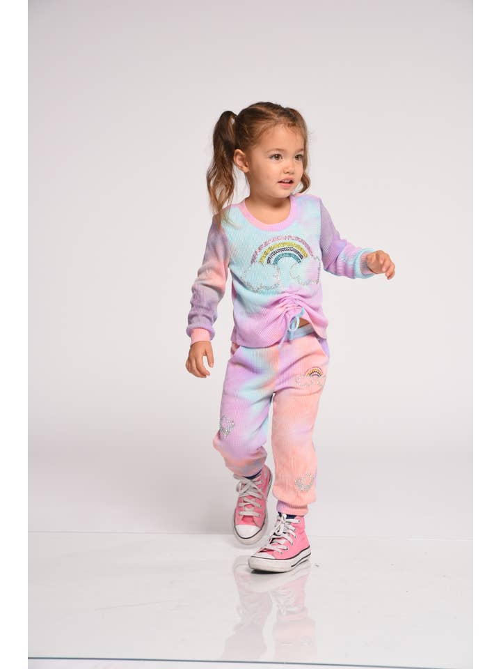 Blue Multi Tie Dye Joggers W/Rainbow & Clouds Rhinestone Detail for wholesale on Faire