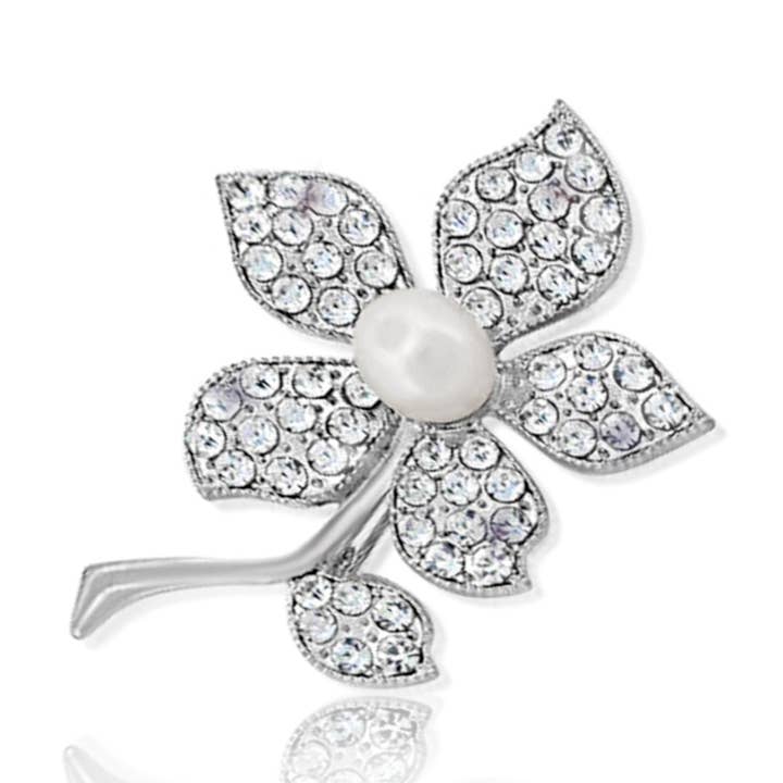 Silvertone, Rhinestone & Faux Pearl Flower Broche Nål for engroshandel hos BESHEEK JEWELRY
