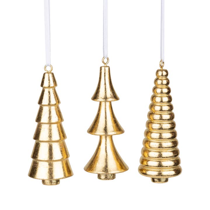A75141: Set of 3 rsn tree orn,3 dstnctv gld cone shape,3.5in for wholesale by Silver Tree Home & Holiday