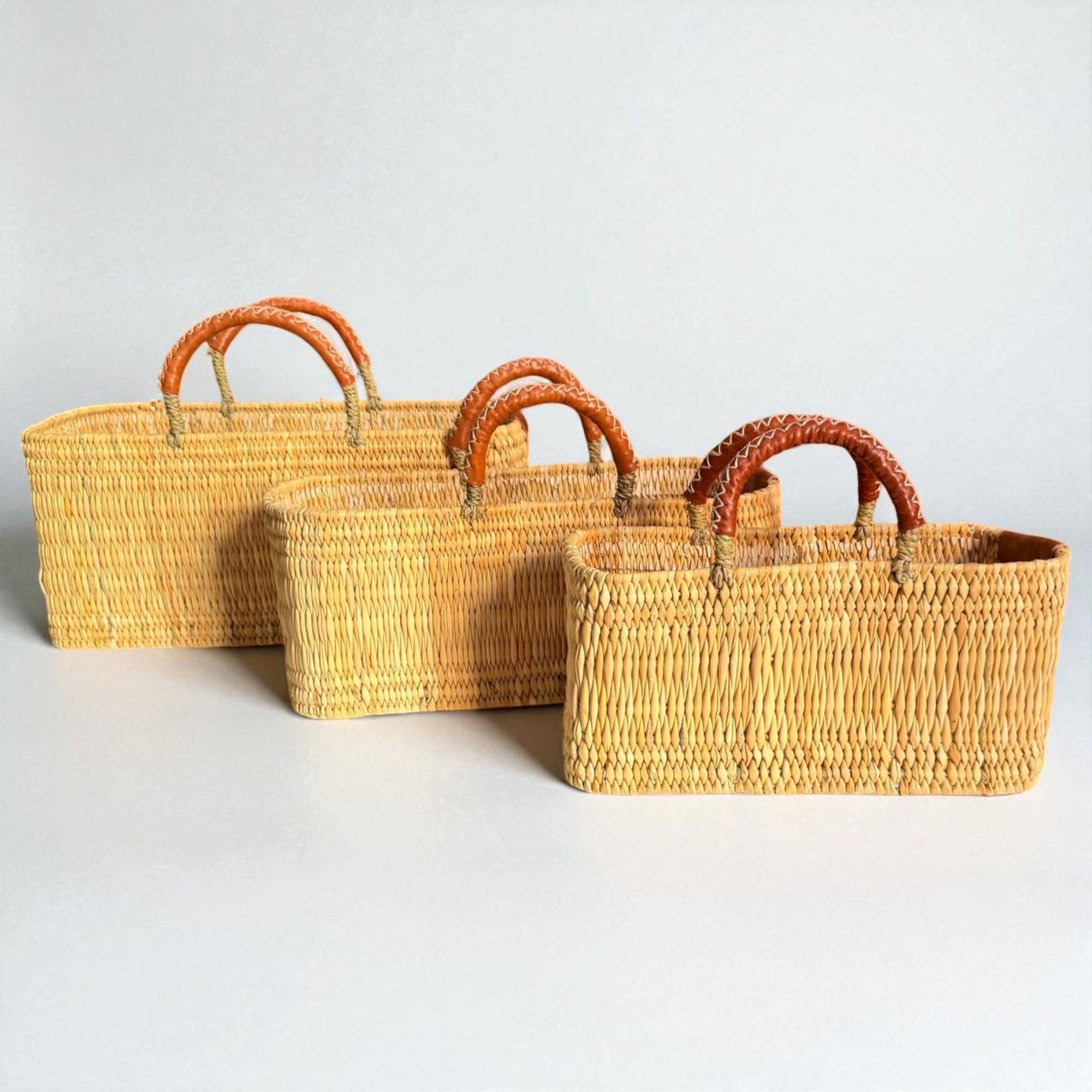 Melecraft - Vente Paniers - Ensemble de paniers en roseau naturel - Avec cuir marocain fait main0