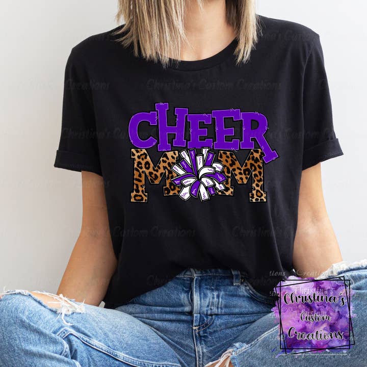 Purple Cheer Mom T-Shirt | Trendy School Spirit Shirt | Fast Shipping | Super Soft Shirts for Men/Women/Kid's | Bella Canvas for wholesale by Red Dirt Transfers