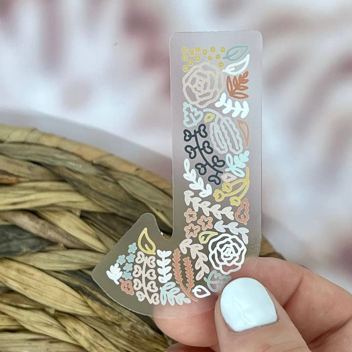 Floral J Sticker. Clear Matte Letter Sticker. Weatherproof Vinyl Sticker. for wholesale by Nolie Co