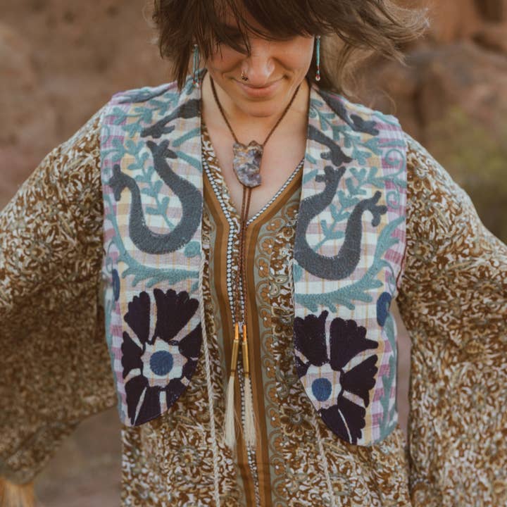 Wylder Trading Company - Wholesale Outerwear Vest - Women's - Boho Western Artisan Fringe Vests | Kantha Suzani Textile33
