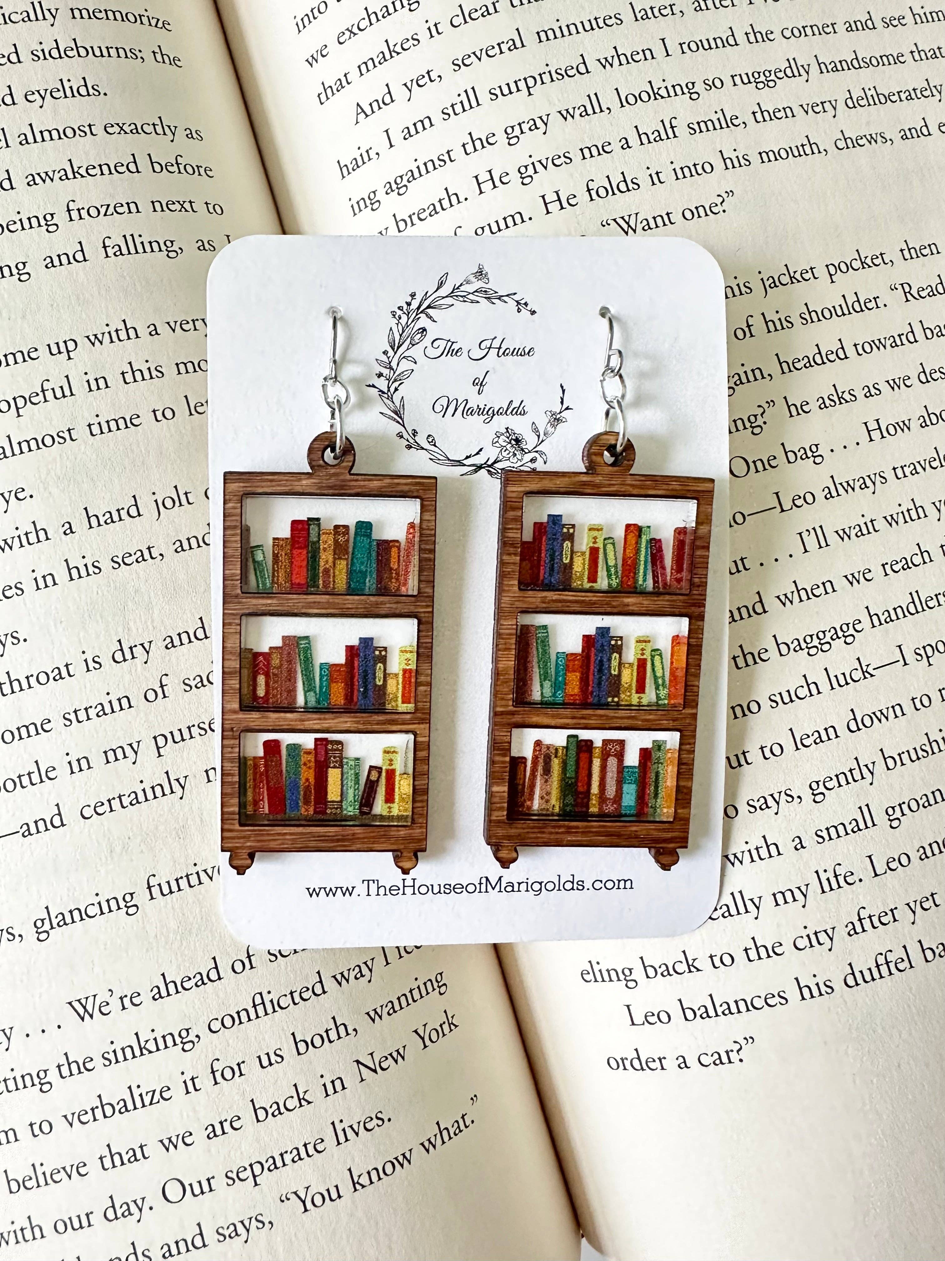 The House of Marigolds – wholesale Dangle earrings – Bookshelf Reading Dangles, Book Earrings, Book Lover