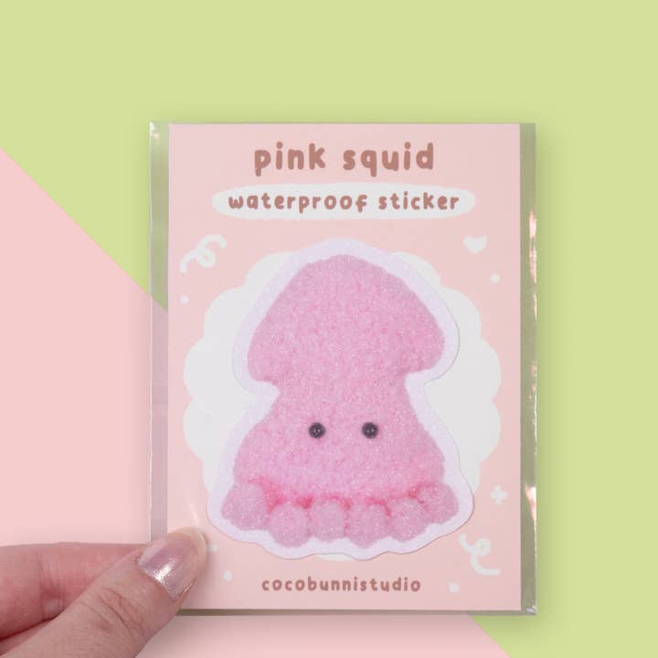 Crochet Pink Squid Waterproof Sticker for wholesale by cocobunni studio
