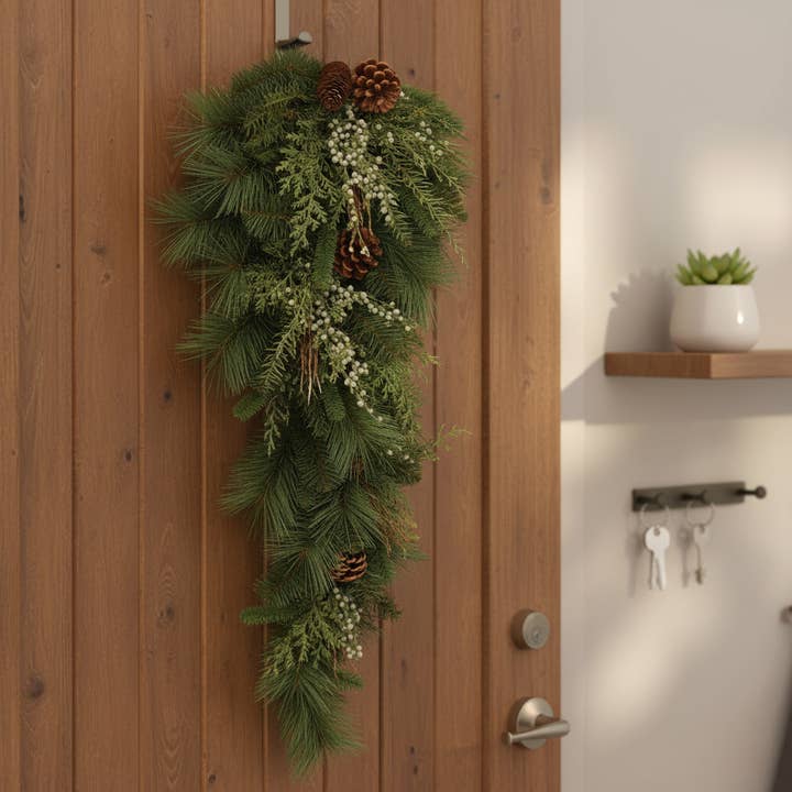 HomeRoots – wholesale Wreath – 32" Green And Brown Pine Juniper And Pinecone Winter Linear Wreath Wall Swag1