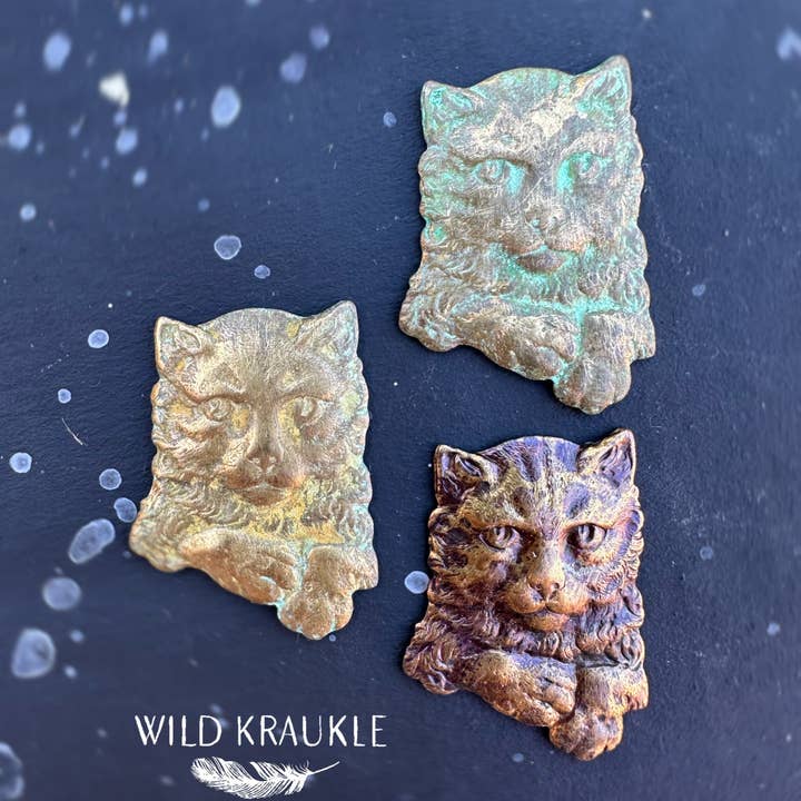 Vintage Brass Kitty Brooch | Hand-Patinated Cat Pin for wholesale by Wild Kraukle