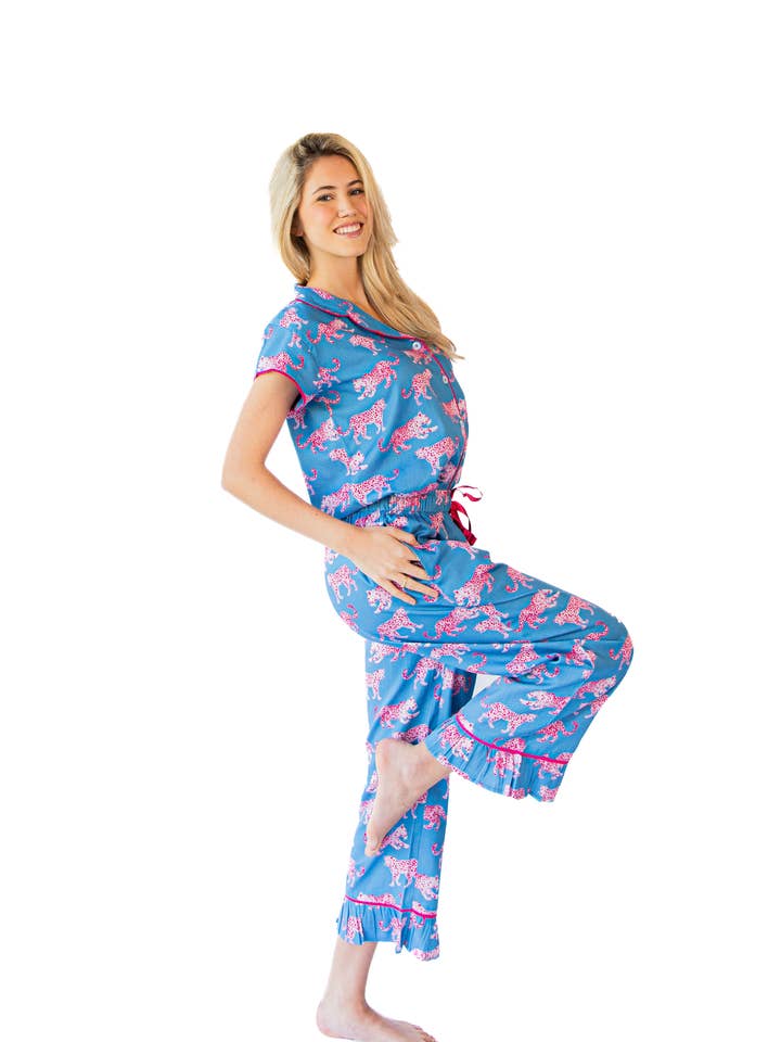 Pink Leopards Luxe Sateen Capri Pajama Set - Blue & Pink for wholesale on Faire4