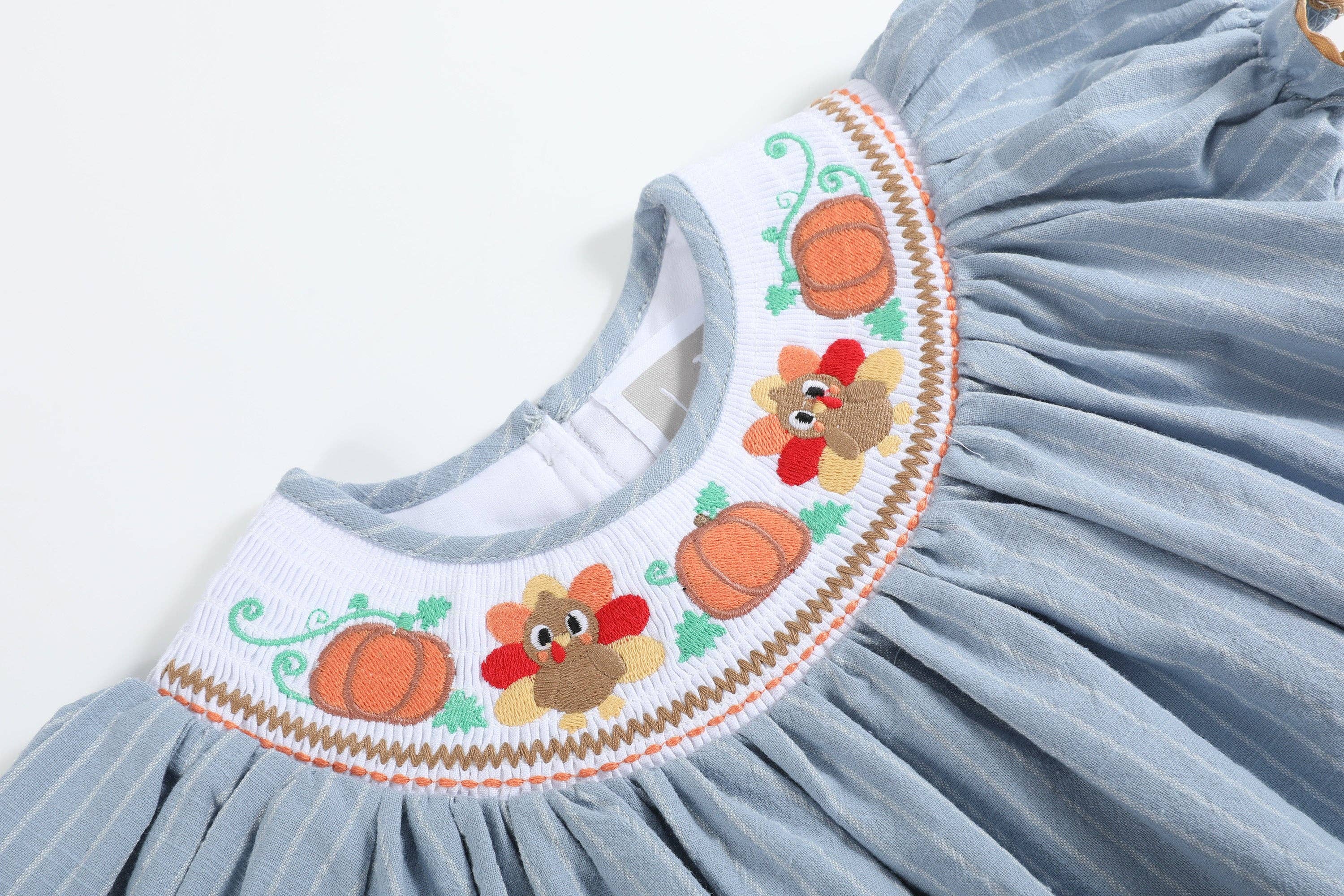 Lil Cactus - Wholesale Dress - Kids - Light Blue Pinstripe Turkey Smocked Bishop Dress5