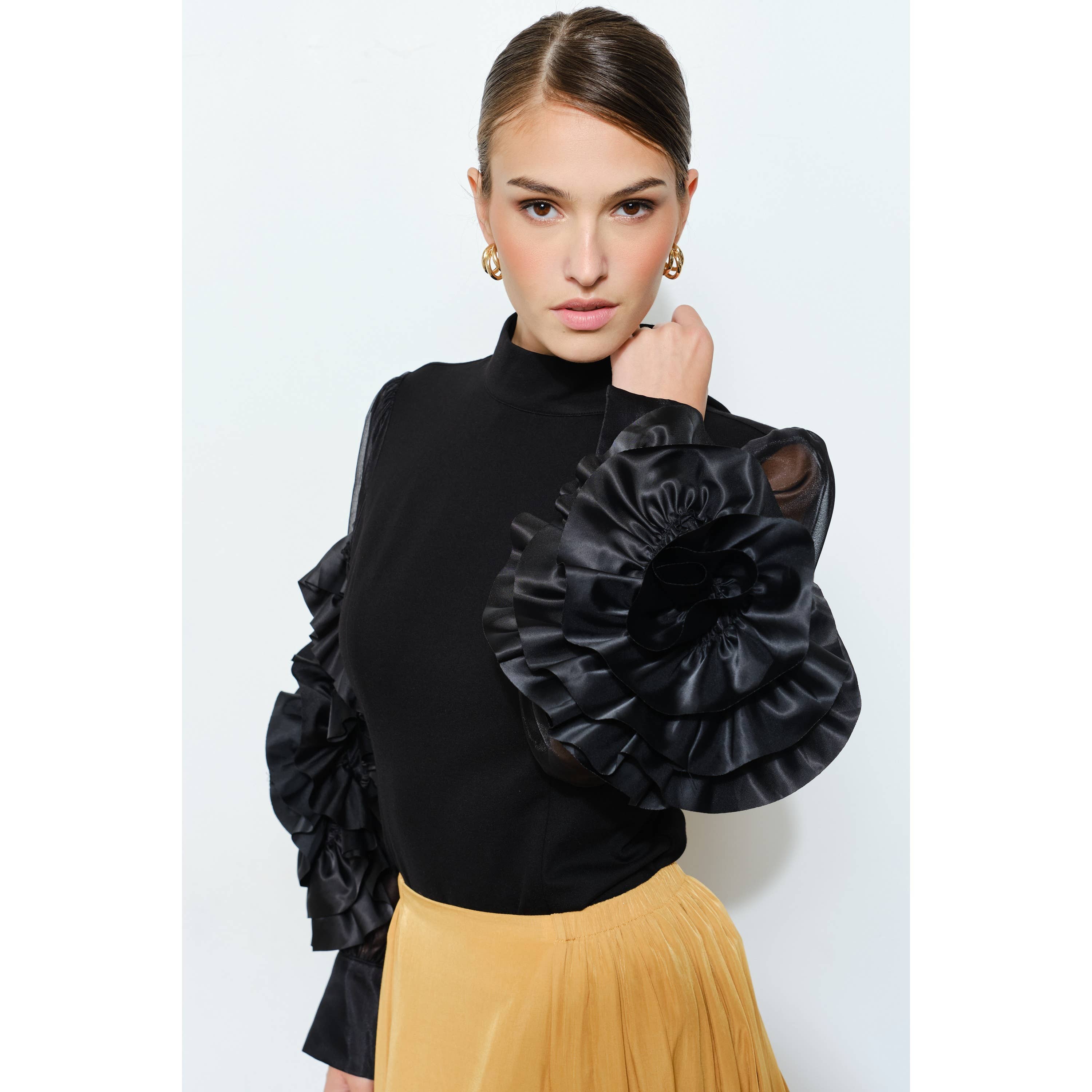 INA - Wholesale Blouse - Women's - Rosette Ruffle Sheer Sleeve Jersey Top1