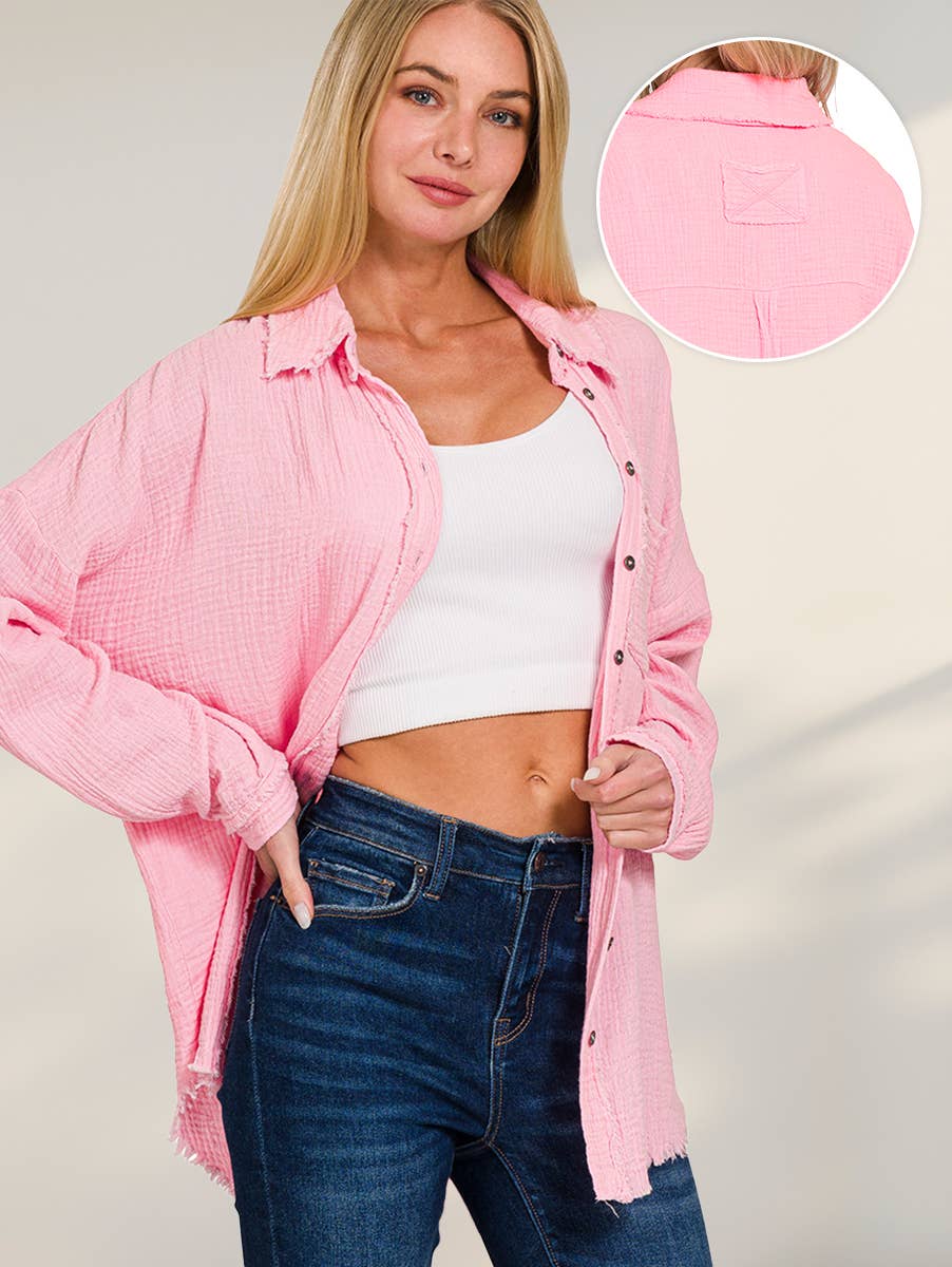 42POPS – Engroshandel Skjorte med buttondown – til kvinder – .OVERSTØRRELSE SKJORTE MED RÅ KANT OG BAGPATCH24