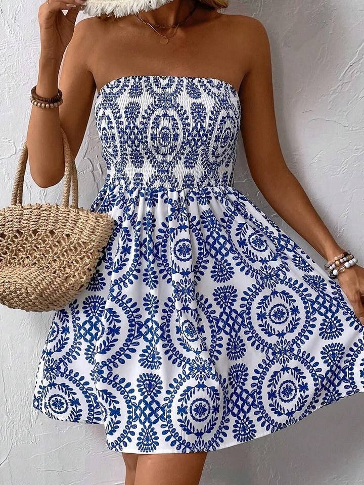 BLUE CWDTD0409_BLUE PRINTED TUBE TOP DRESS for wholesale on Faire