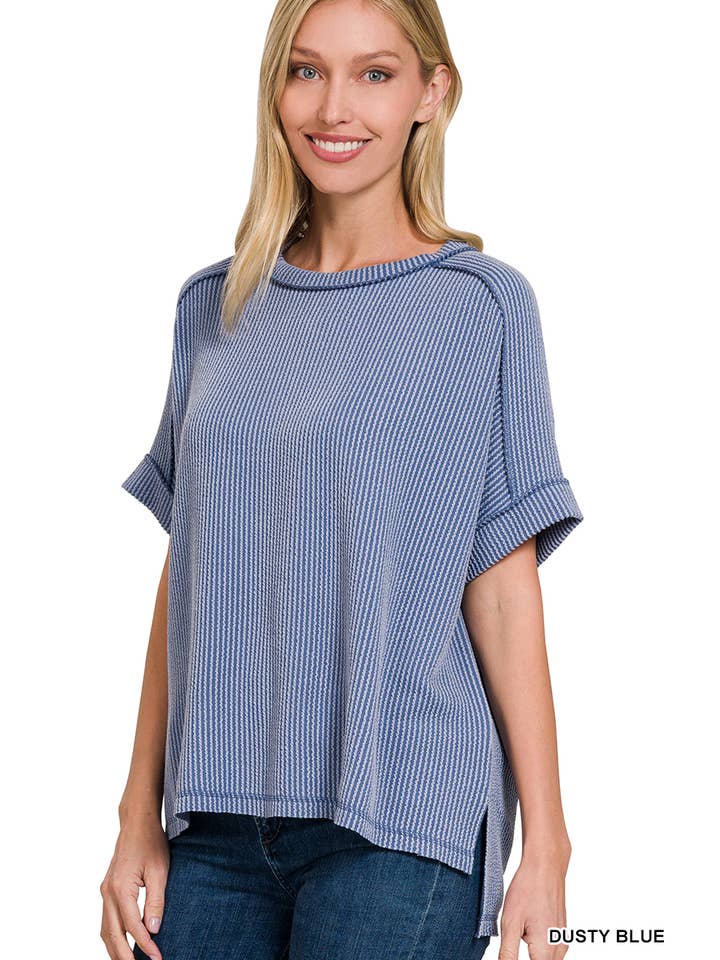 42POPS – wholesale Stickad topp - Dam – .Corded Rib Kortärmad Topp med Rå Kant3