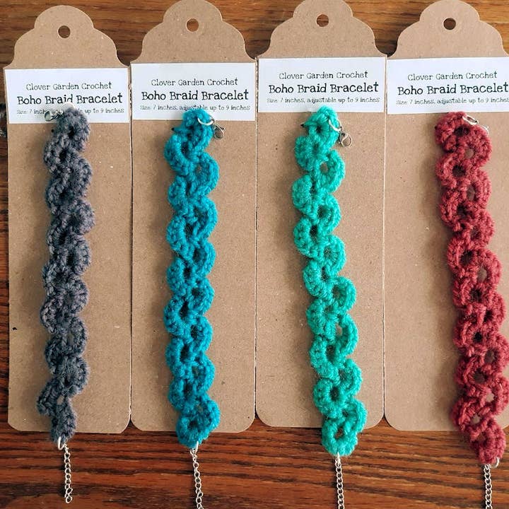 Crochet Boho Braid Bracelet, Adjustable From 7" To 8.5" + for wholesale by Clover Garden Crafts