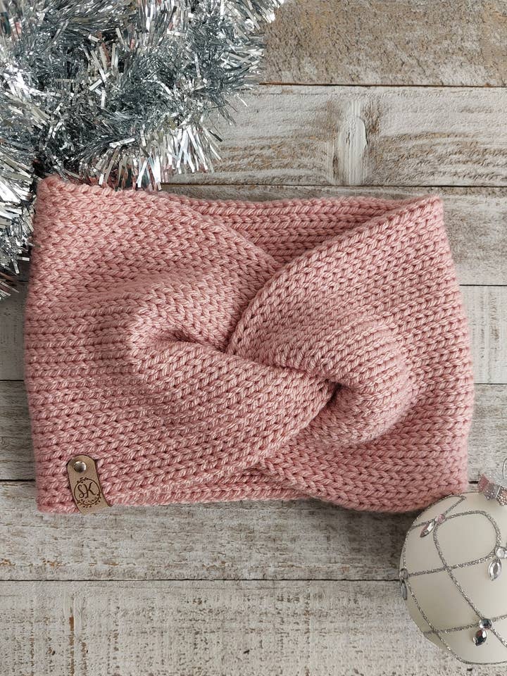 Faixa de cabeça Twist Twist em malha rosa para mulher - Earwarmer de malha por atacado de StoryKnits