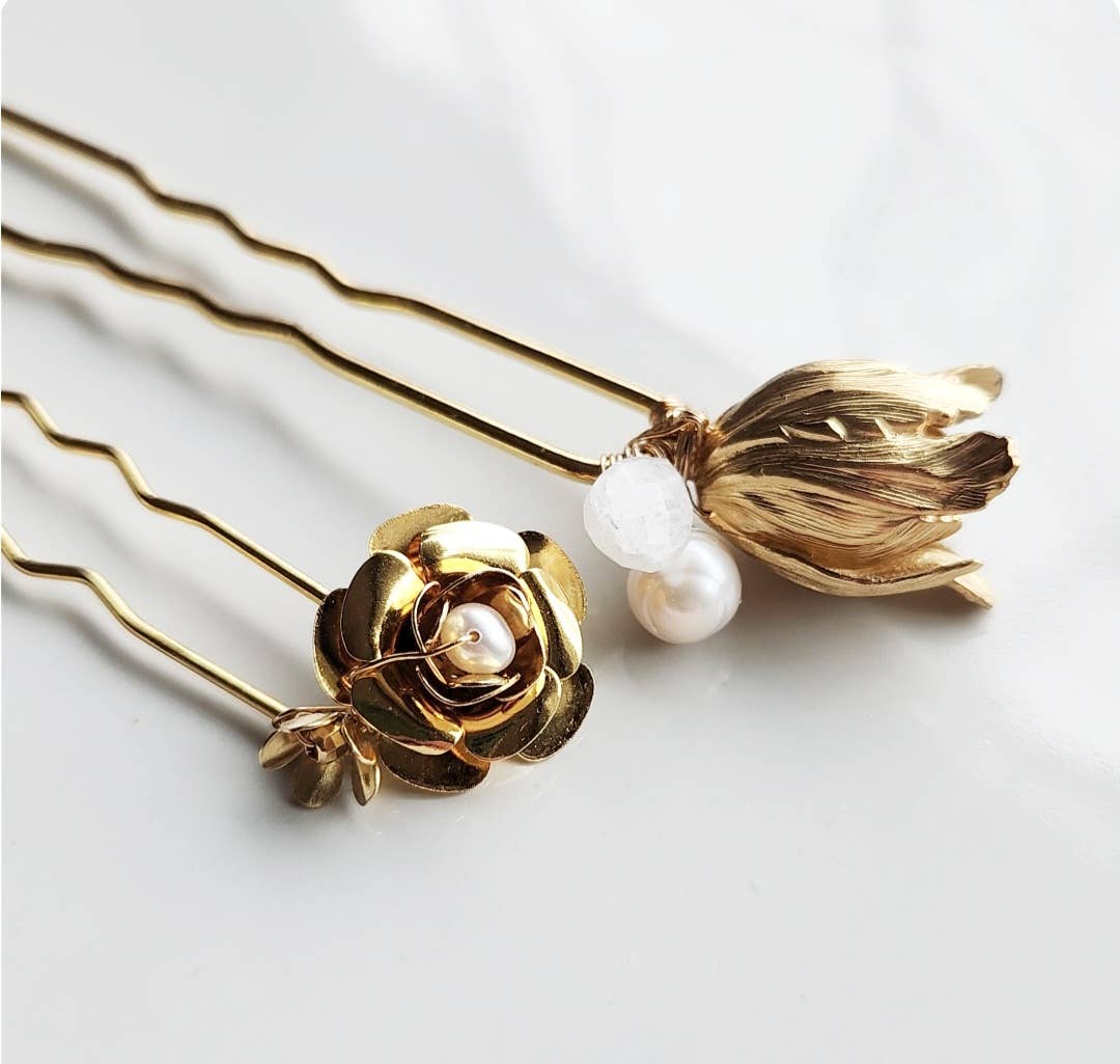 Sara Sela Jewelry - Wholesale Hair Pin - Roses and Tulips Gemstone Cluster U-Hairpins for Updos