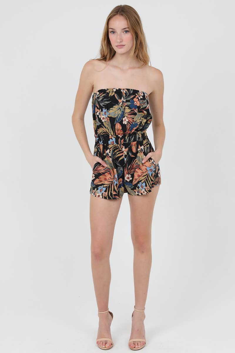 ANGIE - Wholesale Romper - Women's - B5A64-A878 STRAPLESS TROPICAL PRINT ROMPER WITH POCKETS4