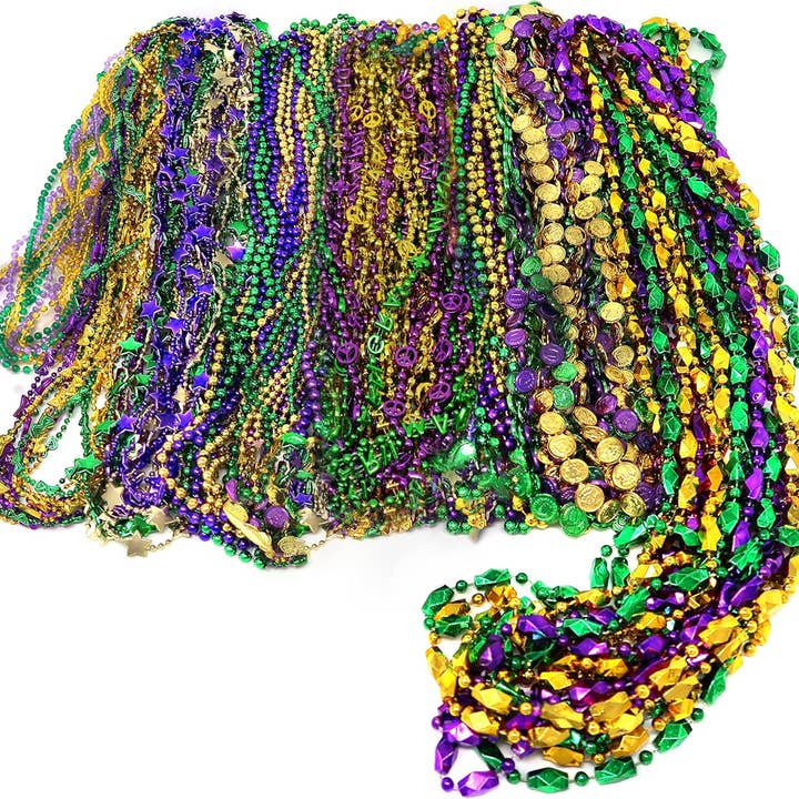 4E's Novelty 100-Piece Assorted Mardi Gras Bead Necklaces – Metallic Purple, Gold, Green for wholesale by 4E's Novelty