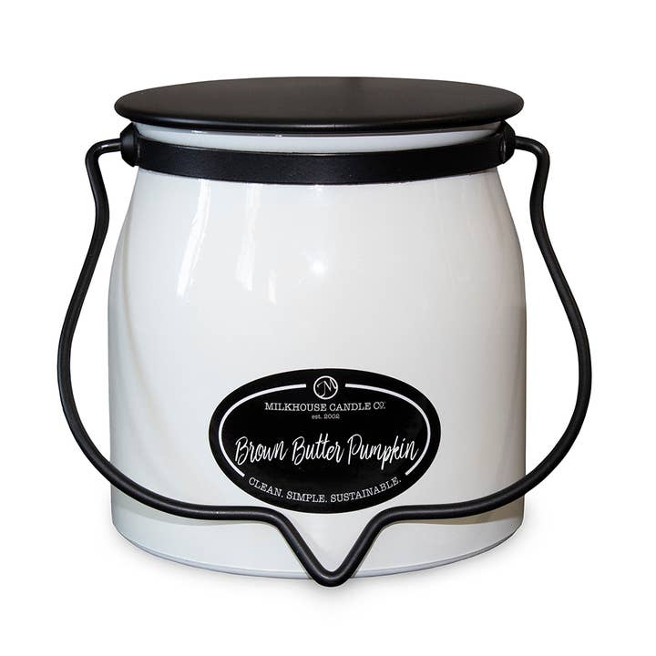 16 oz Butter Jar Fall Candle: Brown Butter Pumpkin for wholesale by Milkhouse Candle Company
