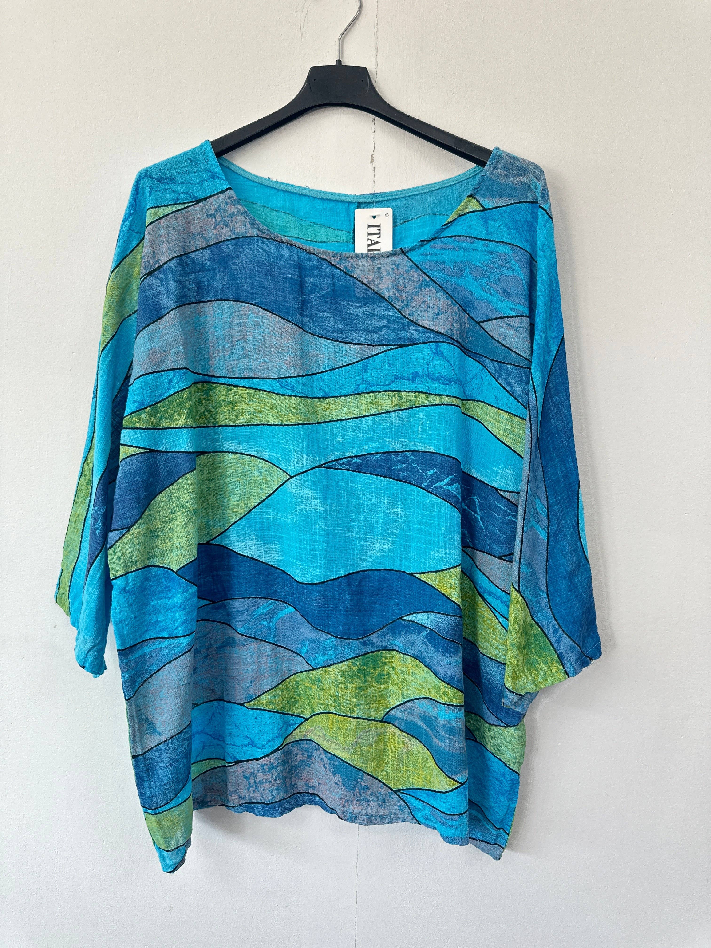 Miss Bold - Wholesale Blouse - Women's - Italian Abstract Print Oversized Linen Blend Top with 3by4 Sleeves8