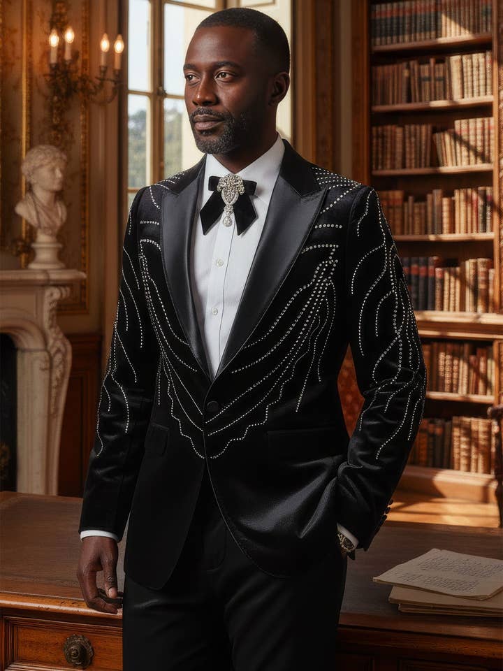 Men's Velvet Rhinestones Peak Lapel Blazer 5BL20 for wholesale by BARABAS