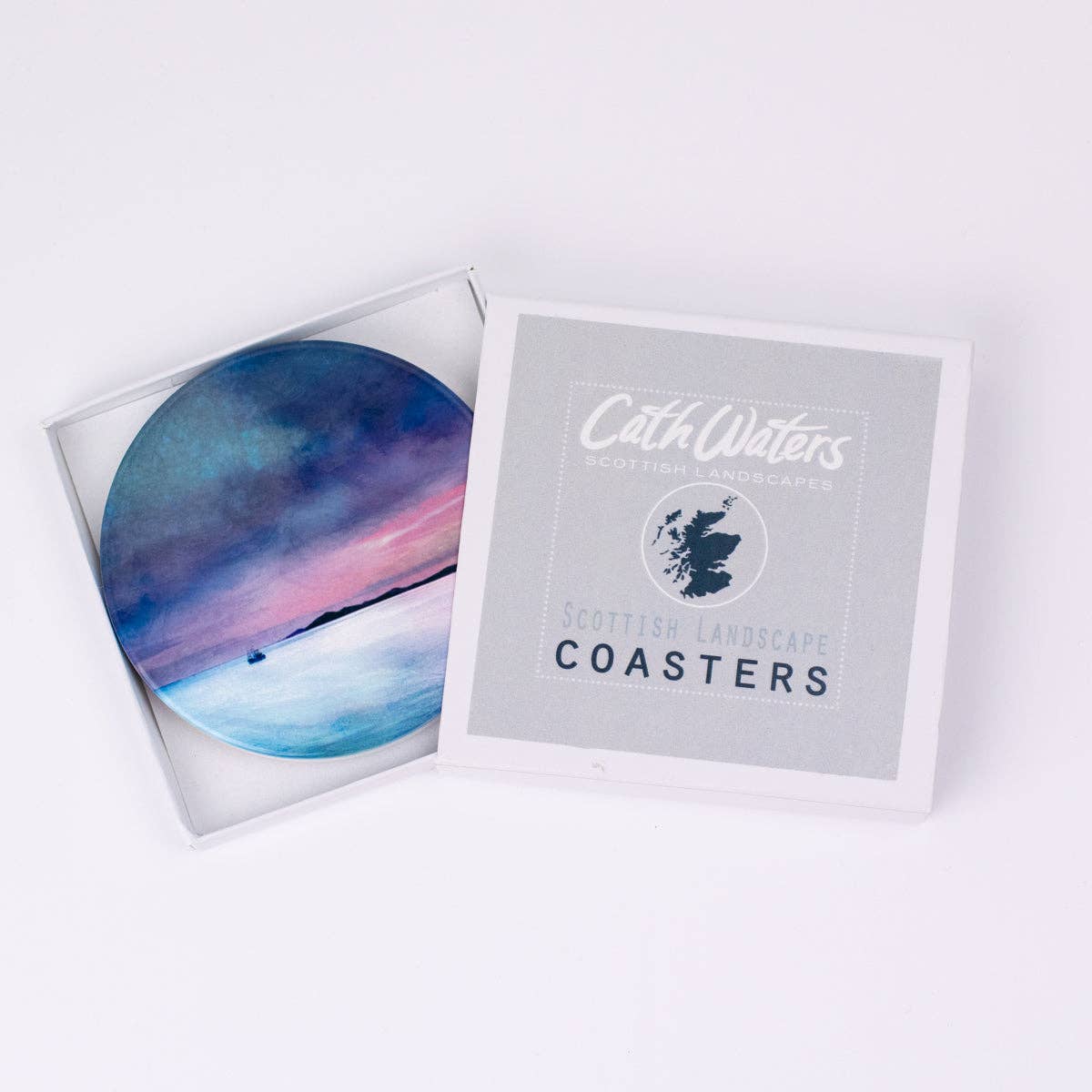 Cath Waters Scottish Landscapes – wholesale Coasters – Fishing the Little Minch Ceramic Coaster Gift Boxed1
