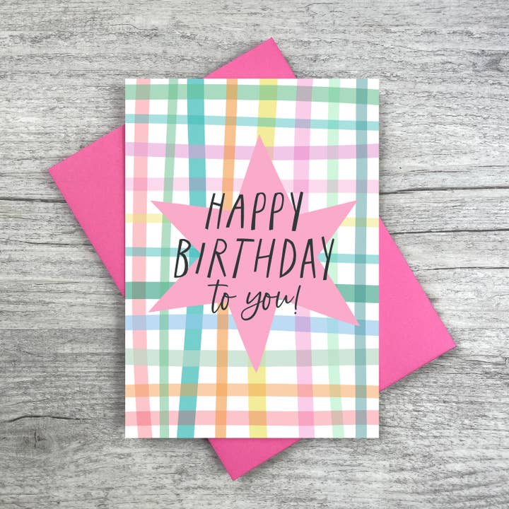 Happy Birthday Pink Plaid Birthday Card | For Her for wholesale by Joanne de Pace Design Studio