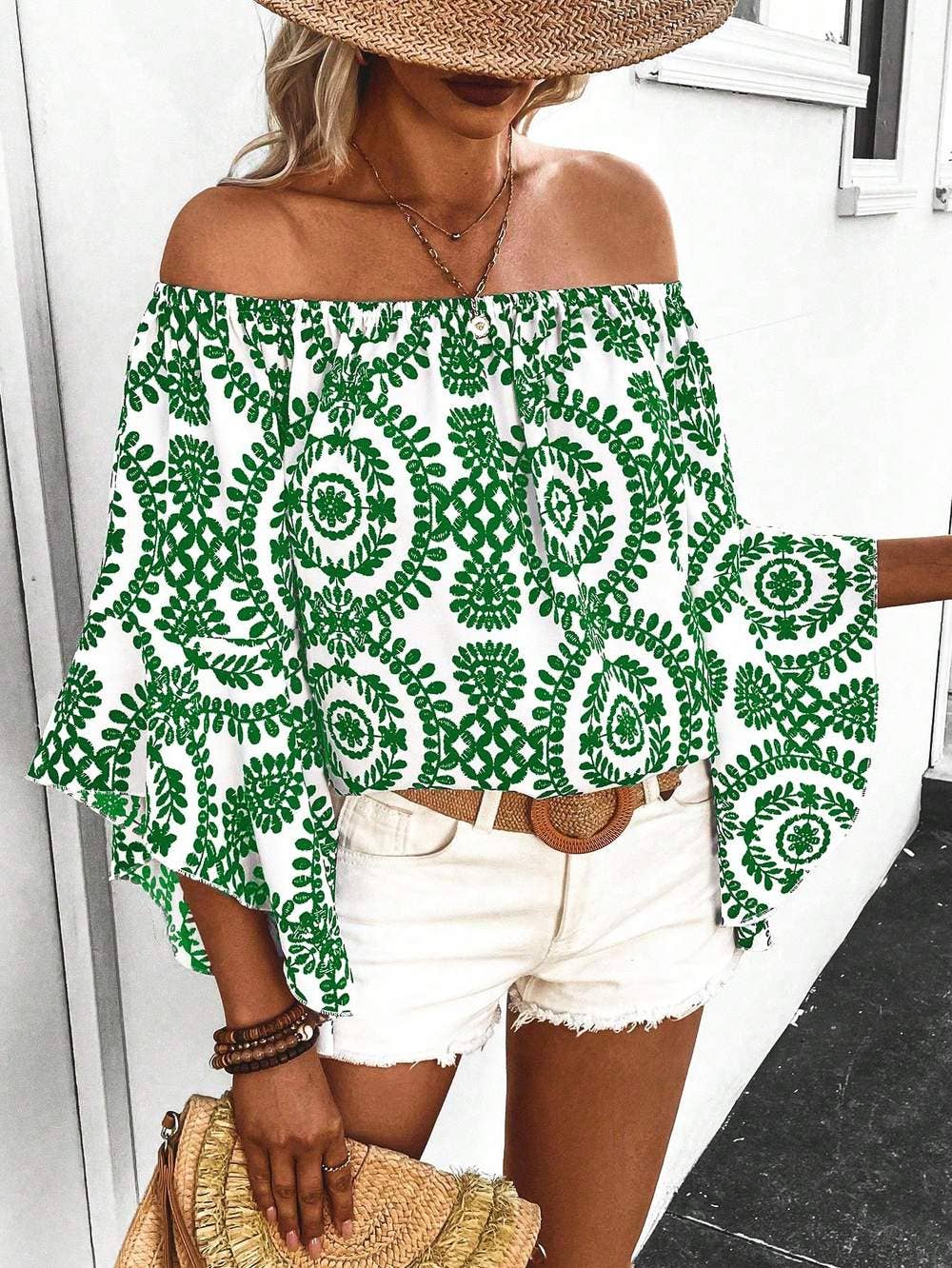 Queen Fashion – wholesale Blouse – Women’s – shoulder blouse with plant print and flare sleeves11