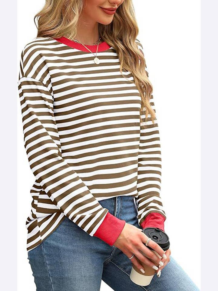 Wholesalesir - Wholesale Tunic - Women's - Contrast Loose Round Neck Striped Long Sleeved Top2