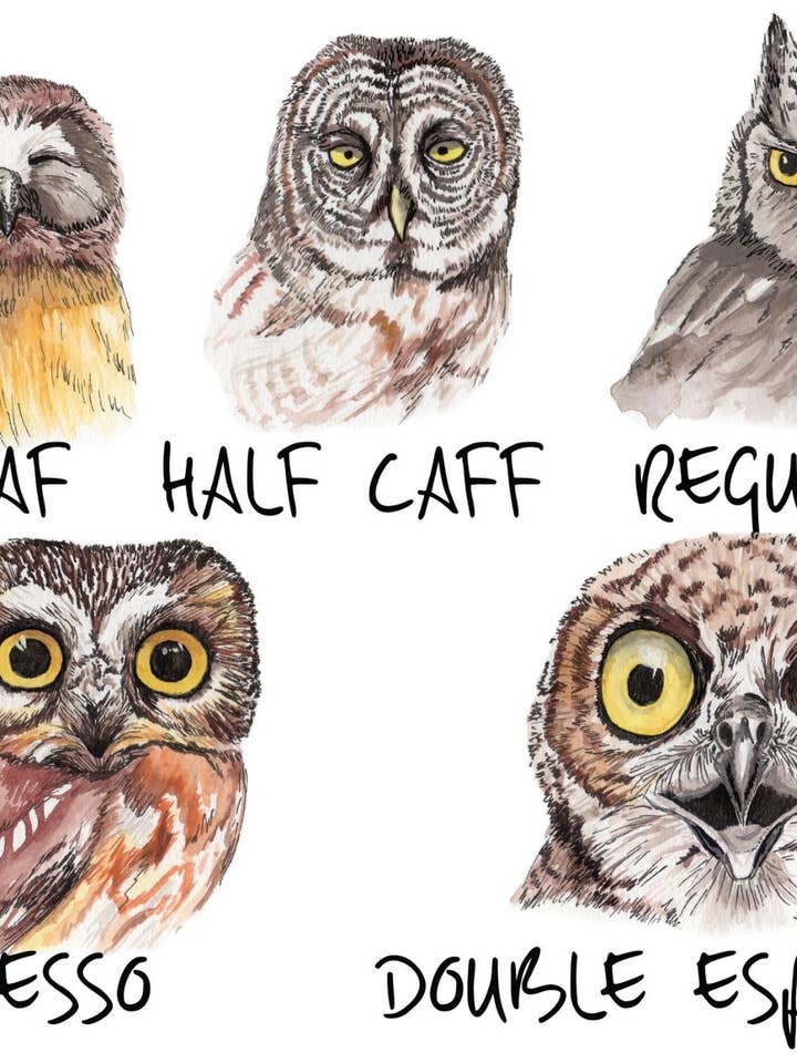 Owl Coffee Watercolor Funny Archival Signed Giclee Art Print for wholesale by Holly Simental