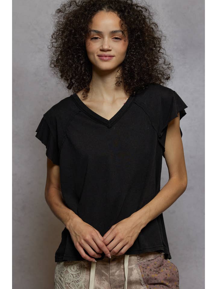 Pol Clothing - Wholesale T-Shirt - Women's - V-neck ruffle short sleeve solid basic cotton top36