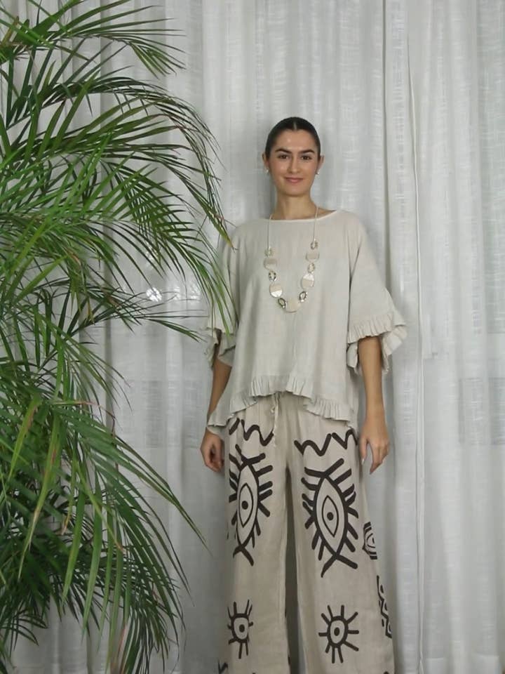 Linen & More - Wholesale Blouse - Women's - REF 10740 100% LINEN RUFFLE BLOUSE