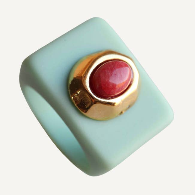 Grande bague pour femme menthe amazonite rouge pour la vente par ÉMOLO